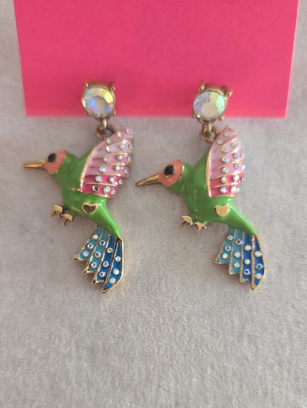 Betsey Johnson Green Hummingbird Drop Earrings with Pink Wings & Blue Tails
